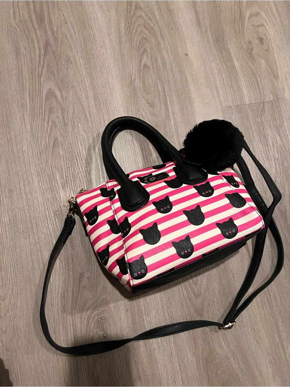 Pink Striped Mini Satchel with Black Cat Motif and Black Trim